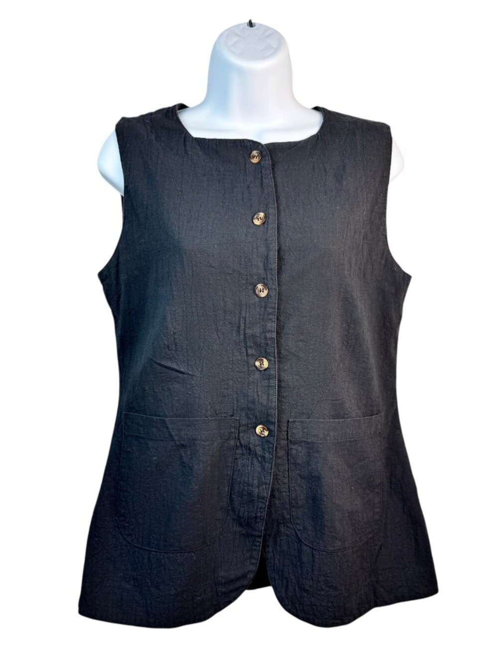COMMENSE Vest Top Womens‎ Medium Black Button Front Sleeveless Cotton Textured